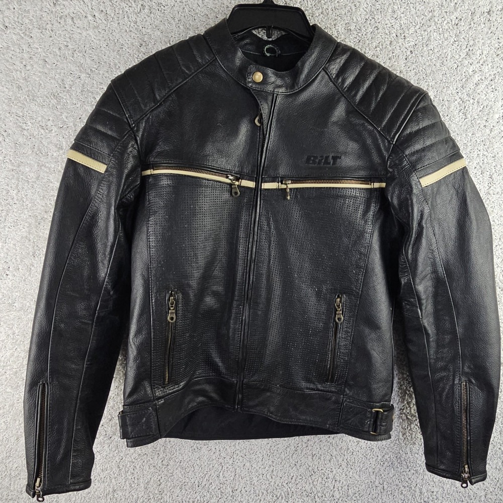 BILT Alder Leather Cafe Motorcycle Jacket Black Men Size 40 Medium Padded Armour